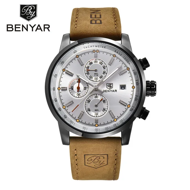 Black white BENYAR мужские спортивные кварцевые часы с хронографом, оригинальные Роскошные водонепроницаемые мужские часы с кожаным ремешком, военные часы - Цвет: Black white
