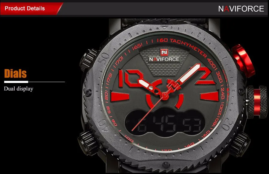 NAVIFORCE Брендовые мужские спортивные часы с двойным дисплеем Цифровые кварцевые часы с кожаным ремешком красные 30 м Водонепроницаемые наручные часы Reloj Hombre