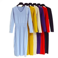 women v neck long sleeve knitted sweater dress slim pleated long midi dress new autumn winter korean fashion dress lady d239