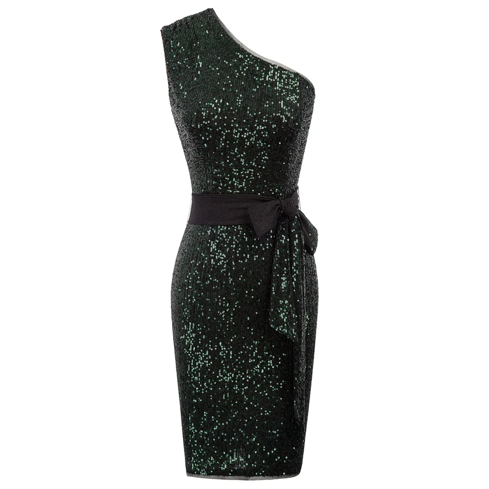 Пикантное женское платье карандаш с блестящими блестками на одно плечо