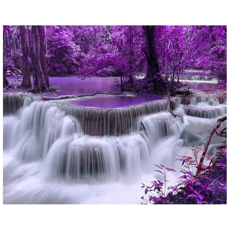 

5D DIY Full Square Drill Diamond Painting Scenery Purple waterfall 3d Mosaic Diamant Embroidery Wedding Room Decoration YW