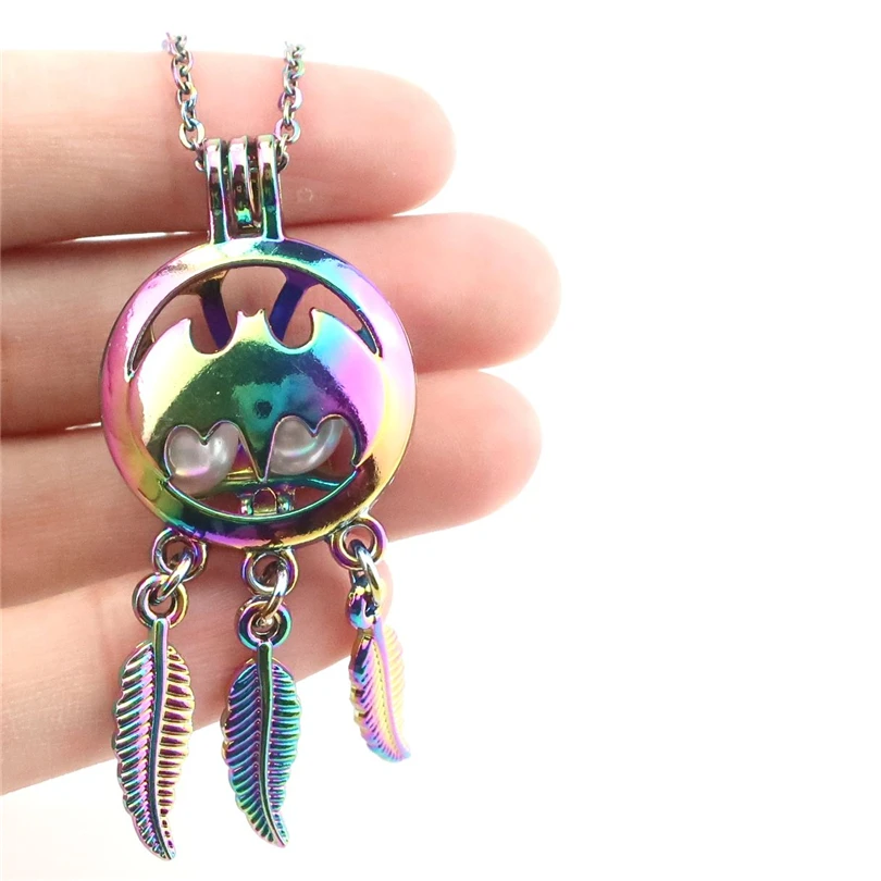 C799 Rainbow Color Dream Catcher Beaty Bat Wing Leaf Cage Pendant Aroma Essential Oil Diffuser Locket Necklace | Украшения и