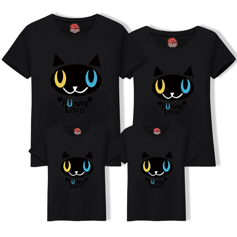 Cotton Father Daughter Matching t Shirt Mom Dad Big Size Tee Black Cat Cartoon Family Clothing Outfits | Мать и ребенок