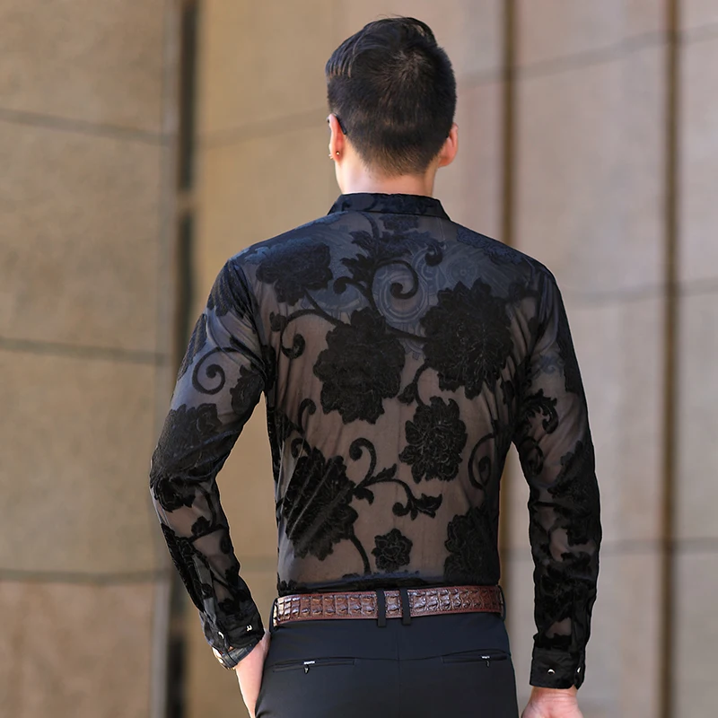 

New 2018 autumn & spring male see through floral shirt sexy mens transparent long sleeve floral dress shirts