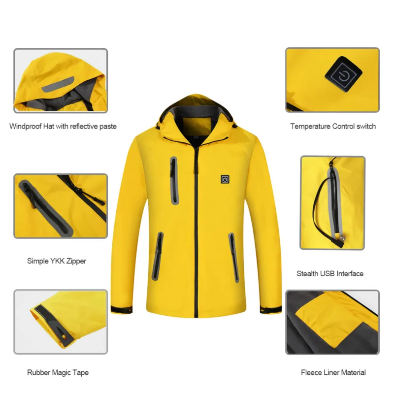 

USB Electric Heated Jacket Waterproof Thermal Hooded Jacket Winter Warm Water-Resistant Outdoor Hiking Camping Skiing Wind Break