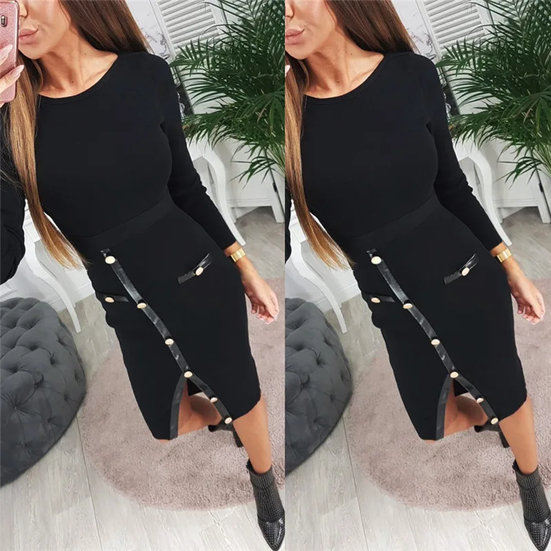 Для женщин Кнопка вязать Bodycon сексуальное платье с разрезом Мода 2019 г. черный