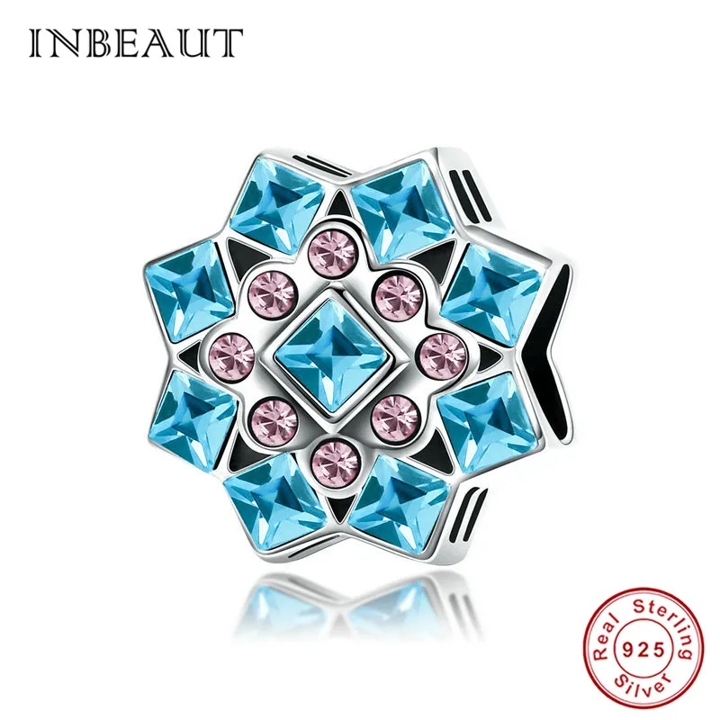 INBEAUT 925 пробы серебряные небесно-голубые кубические циркониевая Снежинка бусины оригинальная Зимняя коллекция очаровательный браслет Пандора