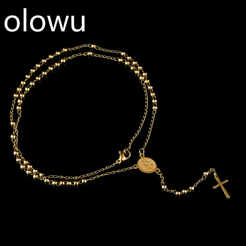 Olowu, новинка, ожерелье с подвеской в виде Креста для мужчин и женщин, четки из нержавеющей стали, бусины, 3 мм, Длинные ожерелья, религиозные украшения