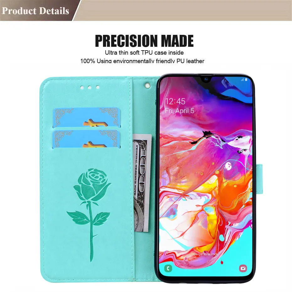 Чехол-книжка из искусственной кожи чехол для samsung galaxy A10 A30 A40 A50 A60 A70 Чехол-бумажник чехол для телефона для samsung A60 A70 3D рельефная Роза чехол
