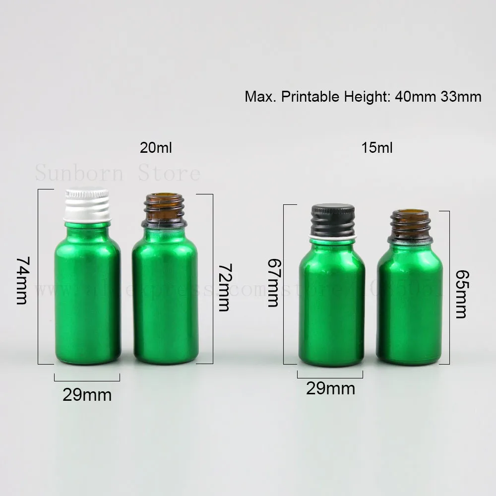 

Green Glass Refillable bottles Essential Oil Perfume Sample Bottle 15ML 20ML Aluminum Black Cap Containers Vials 12pcs