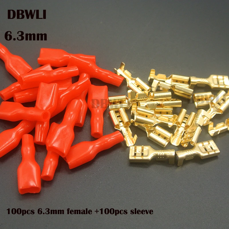 200pcs6.3mm R brass 200 шт. 6,3 мм провода разъемы обжимные клеммы обжимной Женский Мужской Лопата клеммы с красными синими изоляционными рукавами - Цвет: 200pcs6.3mm R brass