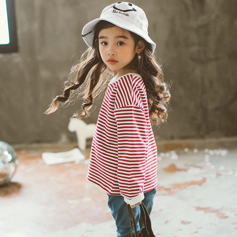 Zingirl New Fashion Brief Striped Girls T-Shirts Casual Loose Hole Patchwork Children's Clothing Soft Breathable O-Neck Tops Tee | Детская