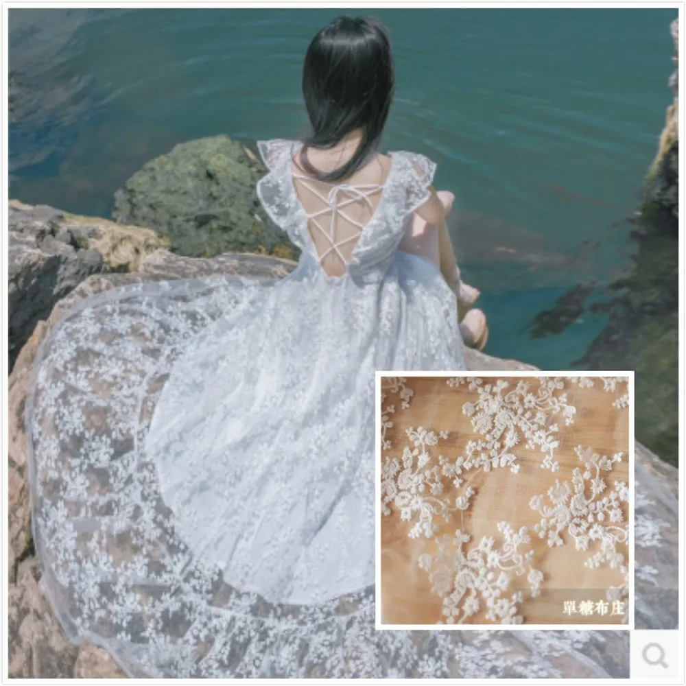 

140cm white Three-dimensional cotton embroidery yarn, bud silk cloth, gauze dress lace fabrics, skirt, 1 meter free shipping