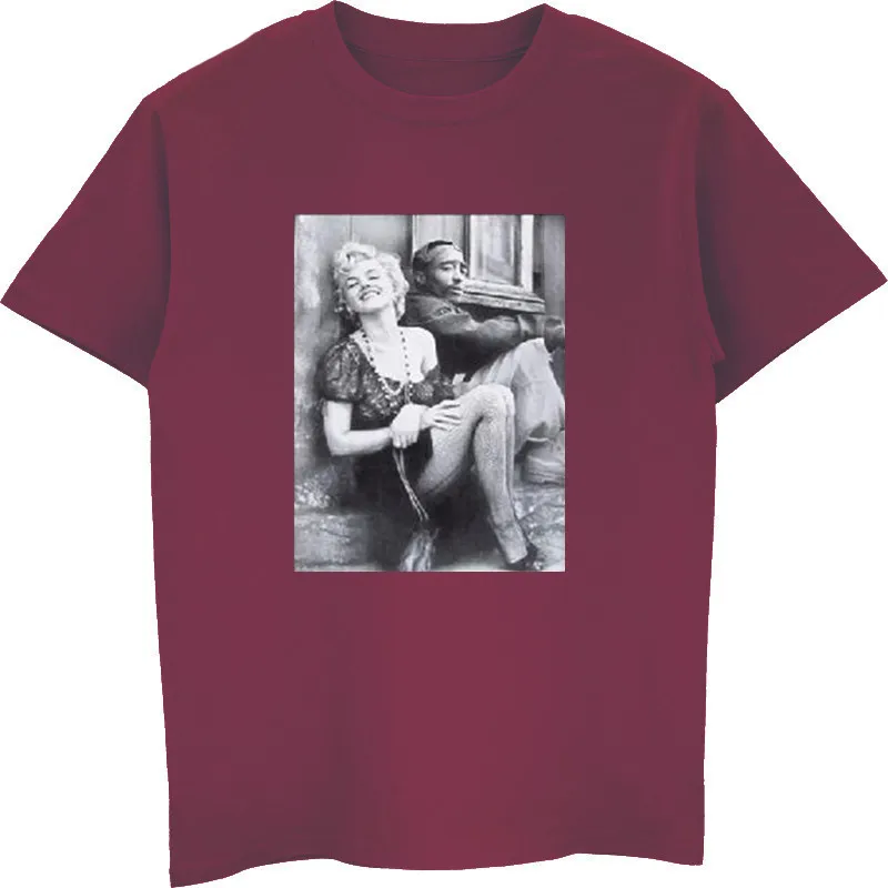 wine Тупак 2Pac Мэрилин Монро парные футболки Летняя мужская мода короткий рукав хлопок футболка хип хоп тройники топы Харадзюку уличная одежда - Цвет: wine