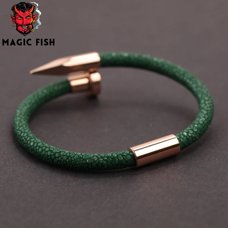 Браслеты Magic Fish браслеты для мужчин темно зеленая кожа ската розовое золото