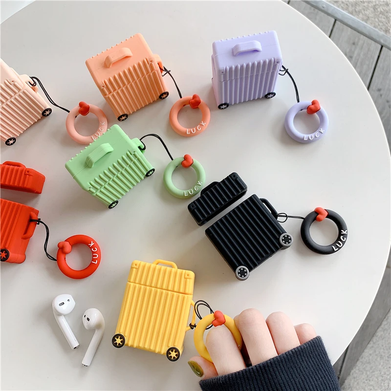 

For AirPods Case Fashion Cute Suitcase Trunk Luggage Case For Airpods 2 Earphone Cover Funda with Finger Ring Strap
