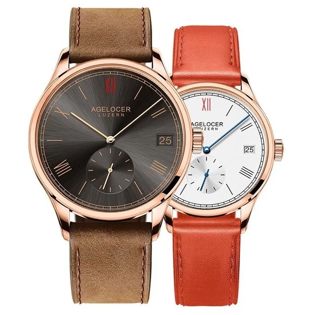 Agelocer Роскошные брендовые автоматические часы мужские женские часы из натуральной кожи парные часы 1203A1 - Color: Grau