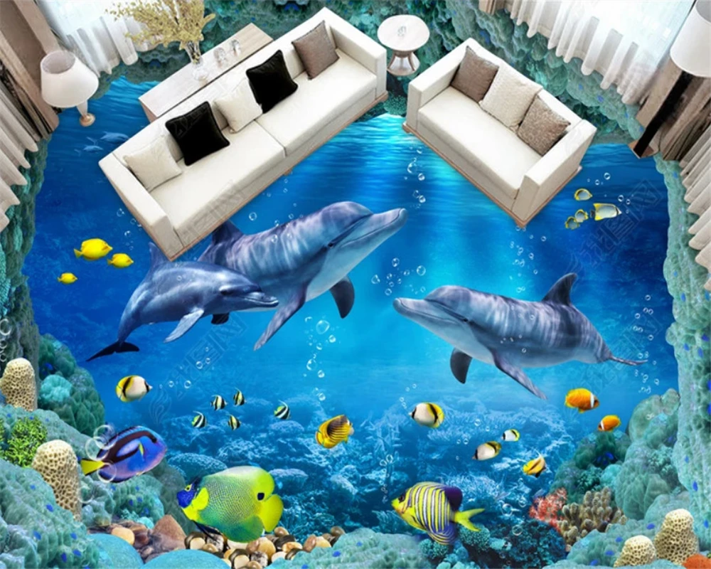 

Beibehang Floor mural 3D wallpaper floor Underwater World Dolphins 3D living room PVC waterproof self - adhesive 3d flooring
