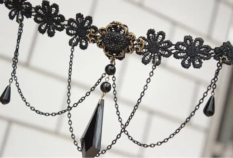 Черный кружевной чокер Ромашка с крупными бусинами|lace choker|daisy chokerblack lace choker |