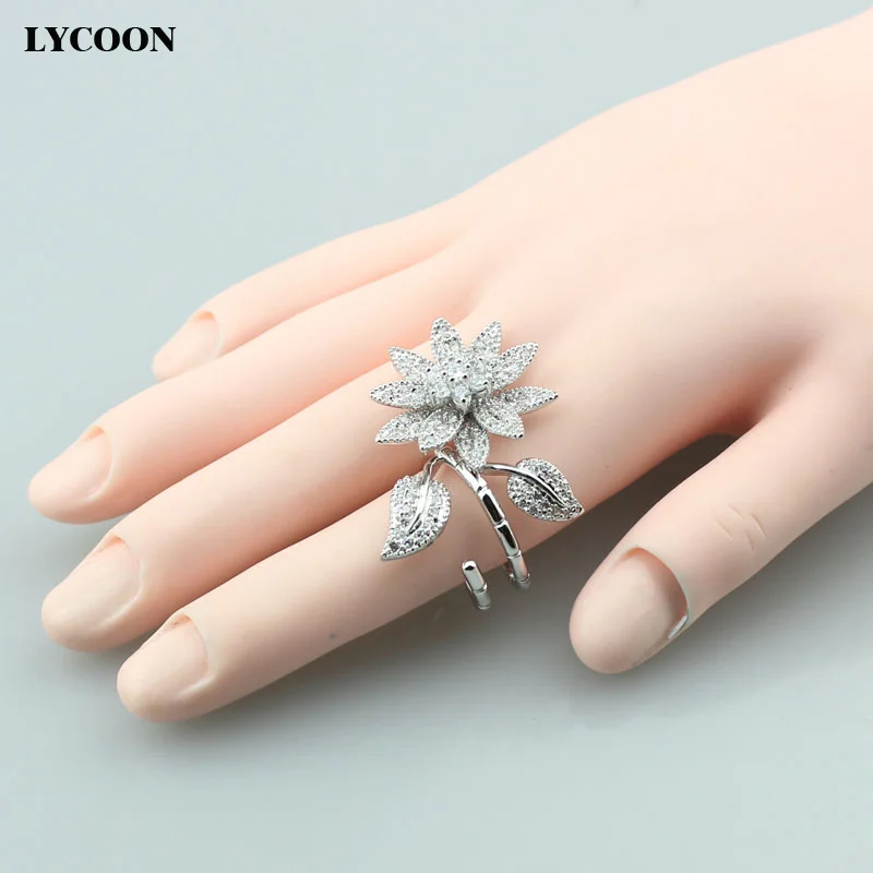 LYCOON, высокое качество, кольца, покрытые настоящим серебром, с австрийским круглым белым кубическим цирконием, женские роскошные брендовые кольца, вечерние кольца