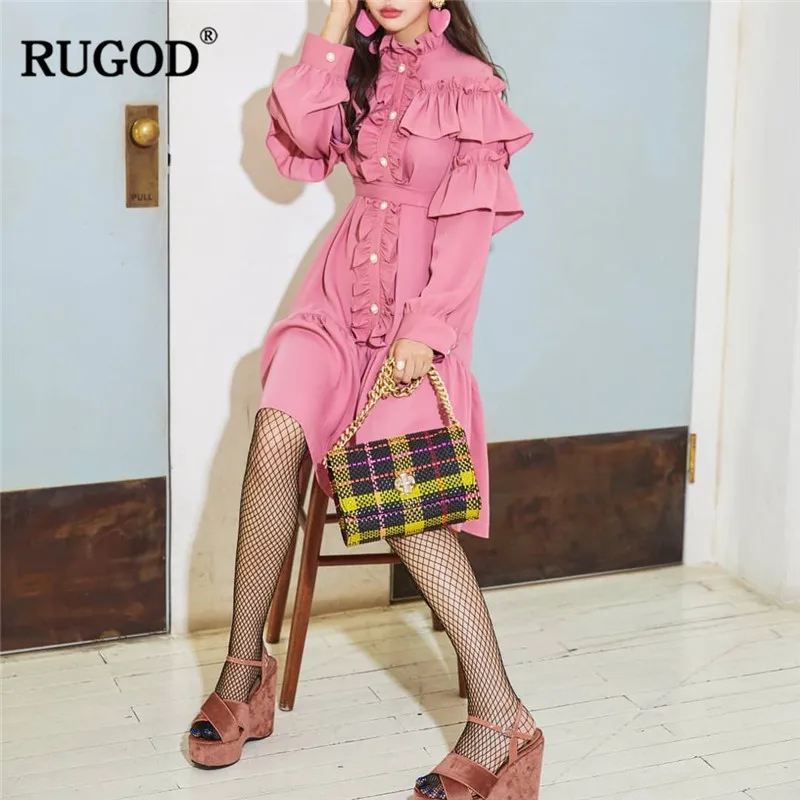 RUGOD Новое Женское платье рыбий хвост creased Кружевной Край однобортный розовое для