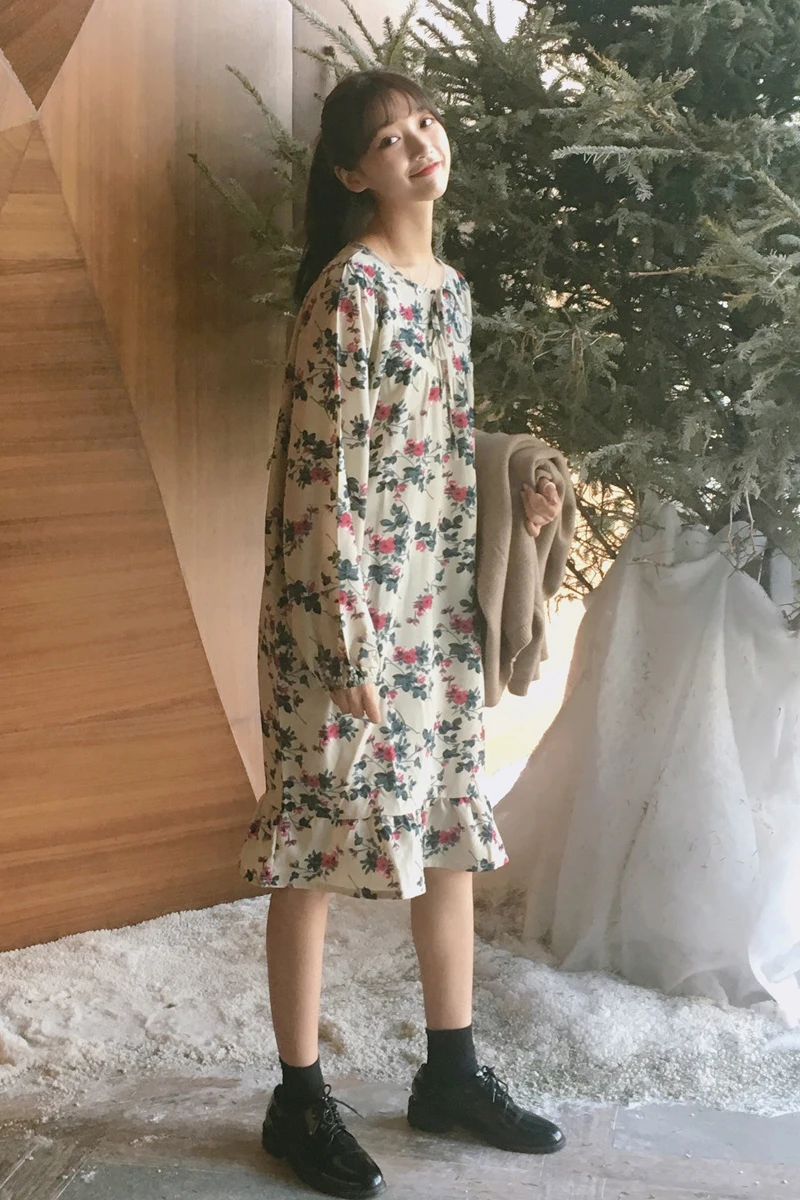 Милый Цветочный Принт Свободные Dress Puff Рукавом Оборками Midi Весна Лето Халат Femme