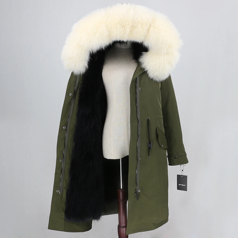 green black beige Пальто с натуральным мехом, бренд X-long Parka, водонепроницаемая ткань, верхняя одежда, зимняя куртка для женщин, натуральный Лисий мех, капюшон, подкладка из лисьего меха, отстегивается - Цвет: green black beige