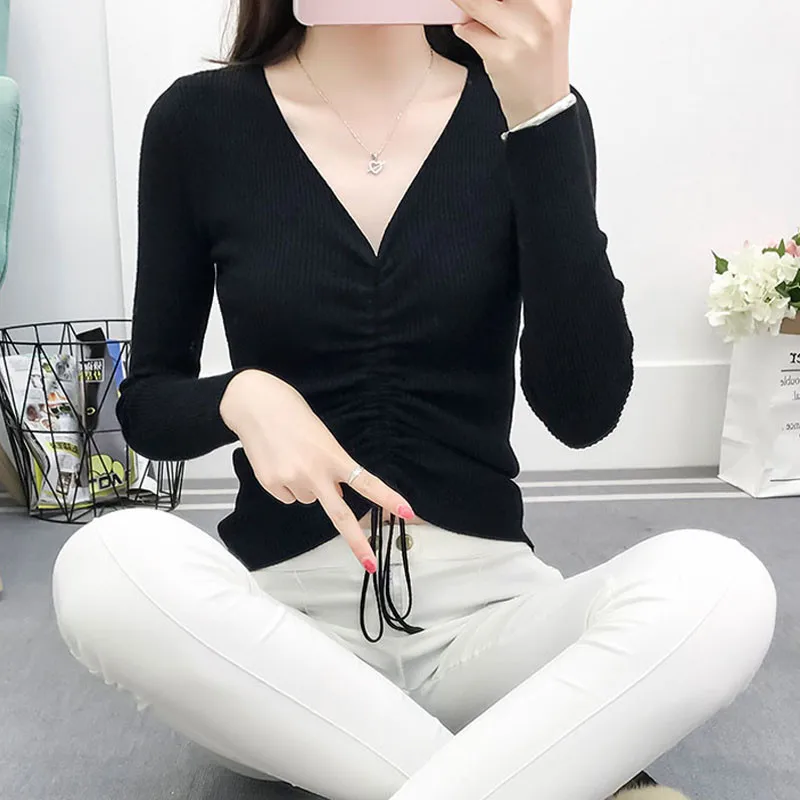 Fencysweet Drawstring Вязание свитер Для Женщин Осенние Топы с v-образным вырезом Свитера