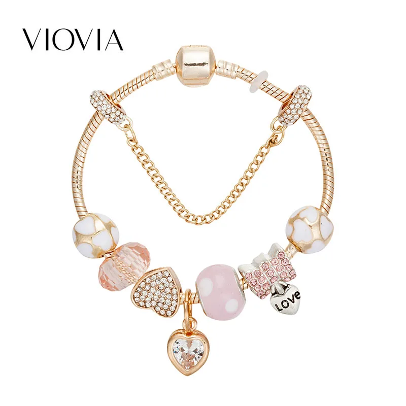 VIOVIA новые модные розовые Бусы Подвески браслет и браслеты горный хрусталь кулон браслет для женщин Diy Ювелирные изделия подходят свадьбы B18006