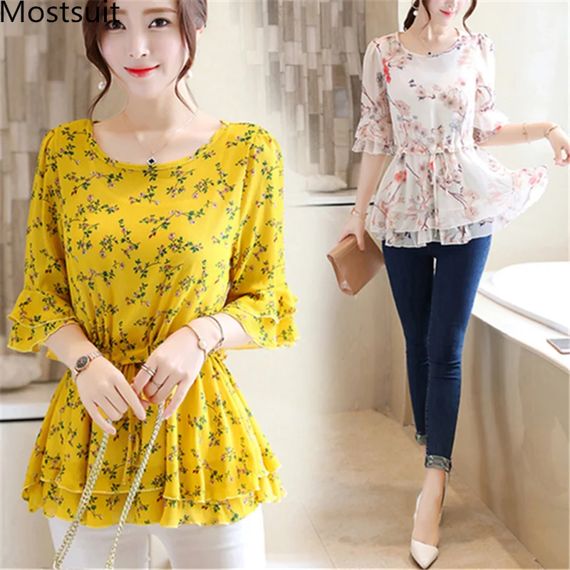 

Summer Chiffon Printed Tunic Blouses Women Flare Sleeve O-neck Ruffles Pullovers Tops Korean Casual Elegant Blusas