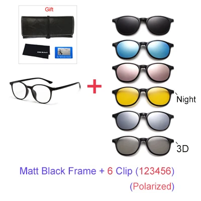 TWO Oclock Magnet Sunglass Women Men Polarized Lens Optical Spectacle Frame Clip On Glasses Men Round TR90 3D Night Vision A2245 - Цвет линз: 1Frame 6 Clip 123456