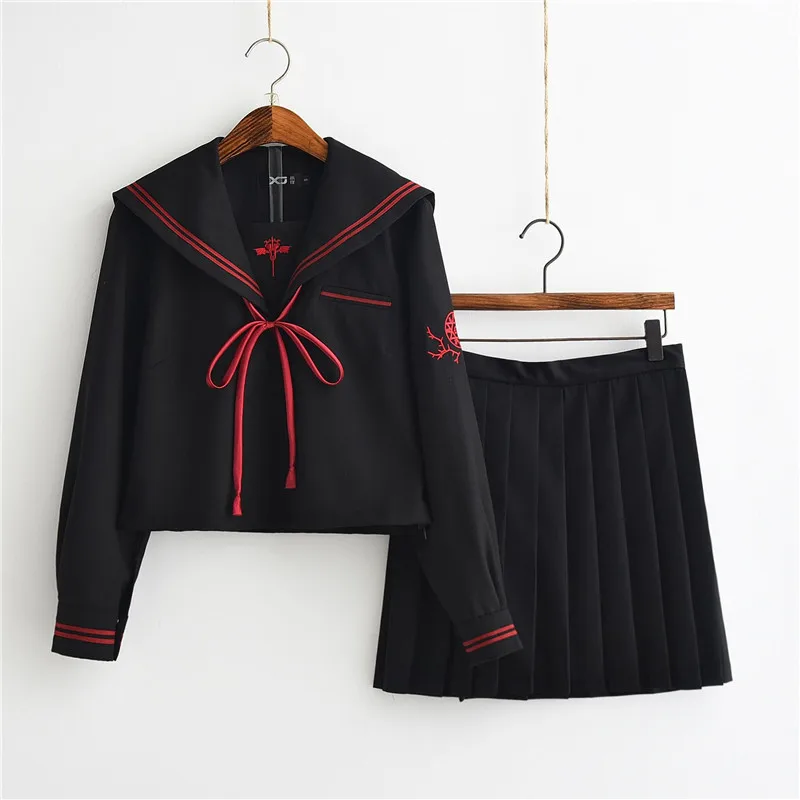 Long Sleeve Set Темный демон вышивка JK Униформа-матроска колледж Ветер набор японский ученик школьная форма женский корейский школьная форма - Цвет: Long Sleeve Set