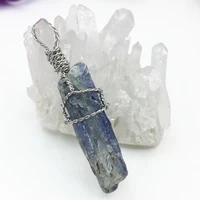 elegant blue natural kyanite stone irregular pendant charms silver color wire winding exquisite handmade fashion jewelry b3076