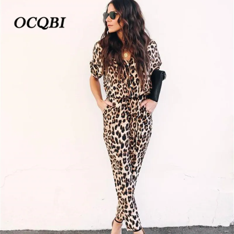 

Plus Size Bohemian Jumpsuits Womens Summer Sexy Leopard Pockets Casual Korean Jumpsuit