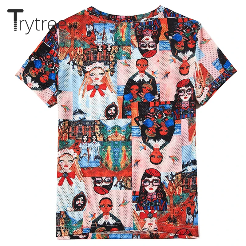 Trytree летняя повседневная женская футболка с рисунком круглым вырезом сетчатый