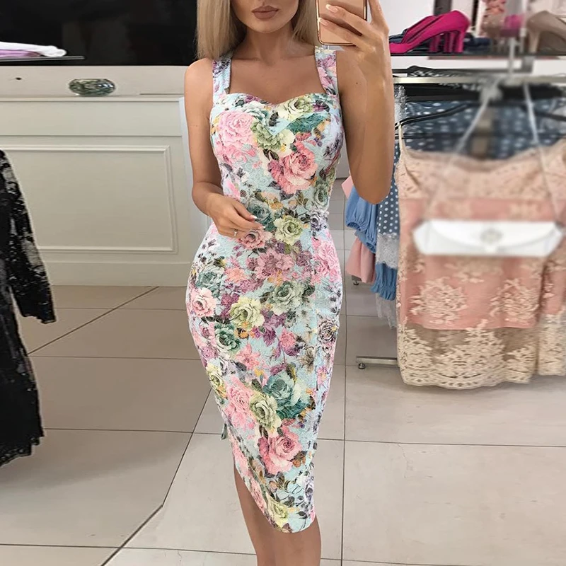 Открытое платье без рукавов сексуальное летнее с цветочным принтом Bodycon
