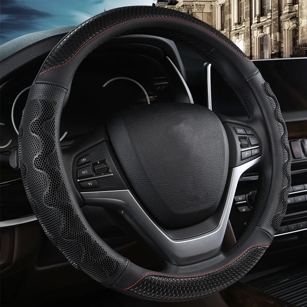 

GLCC Leather Anti-slip Car Steering Wheel Cover Diameter 37-38cm 3D Car Steering Wheel Holder Protector for Four Season