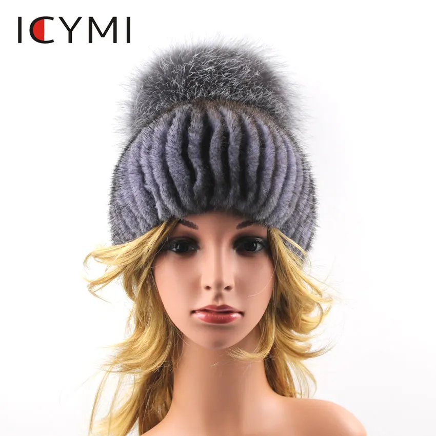 

ICYMI Women Real Mink Fur Beanies for Winter Newest 2018 Hat With Luxury Pompom Fox Fur Cap Hats Elastic Knit Hat Female Fur Hat