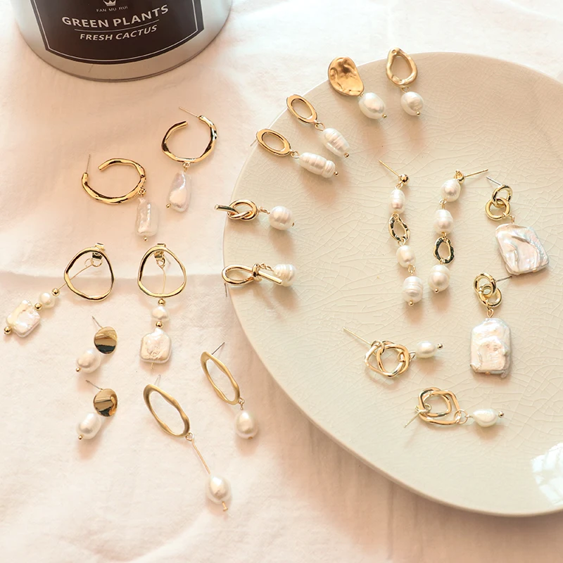 

MENGJIQIAO 2019 New Japan Trendy Natural Freshwater Pearl Asymmetric Earrings For Women Fashion Geometric Irregular Pendientes