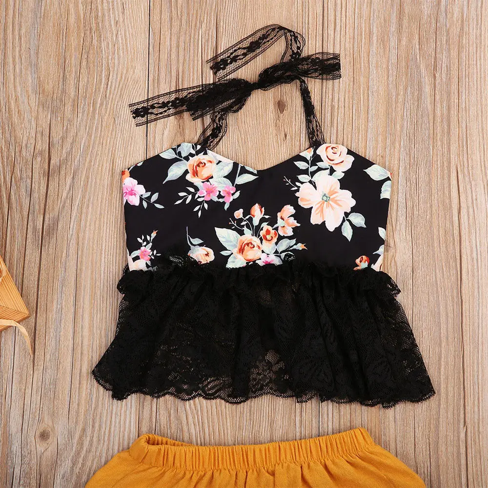 2 предмета одежда для маленьких девочек Летняя Повседневная Кружевная футболка с