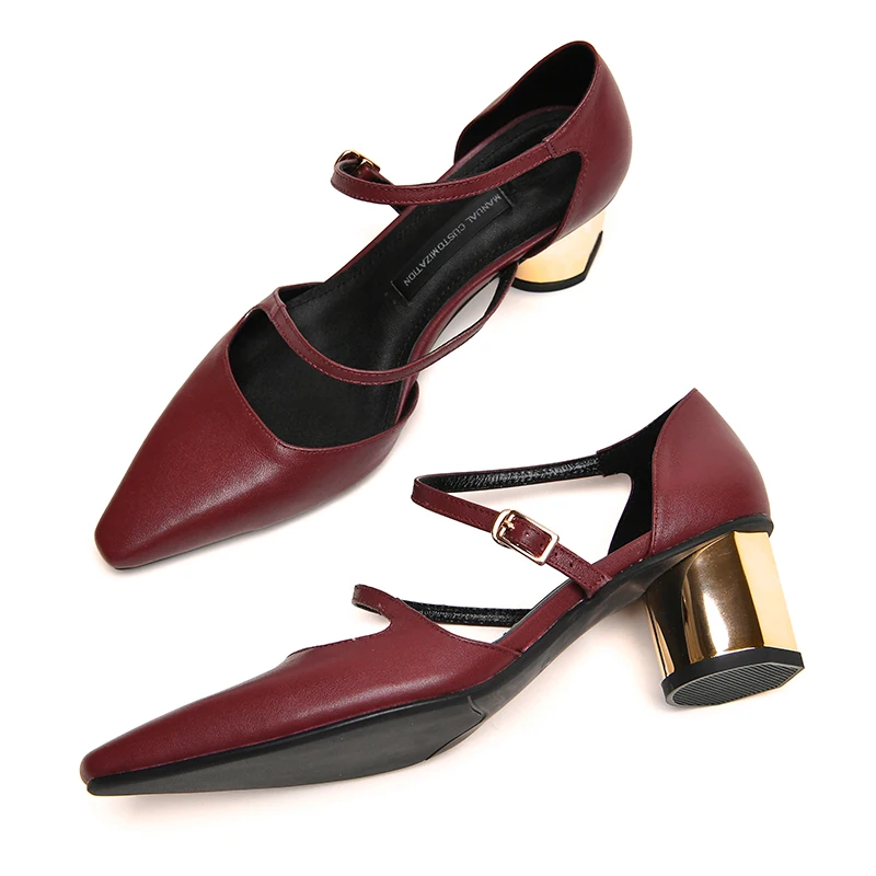 2019 Spring New Shoes Women Covered Heel Buckle Strap Leather High Heels Office Lady Black Pumps | Обувь