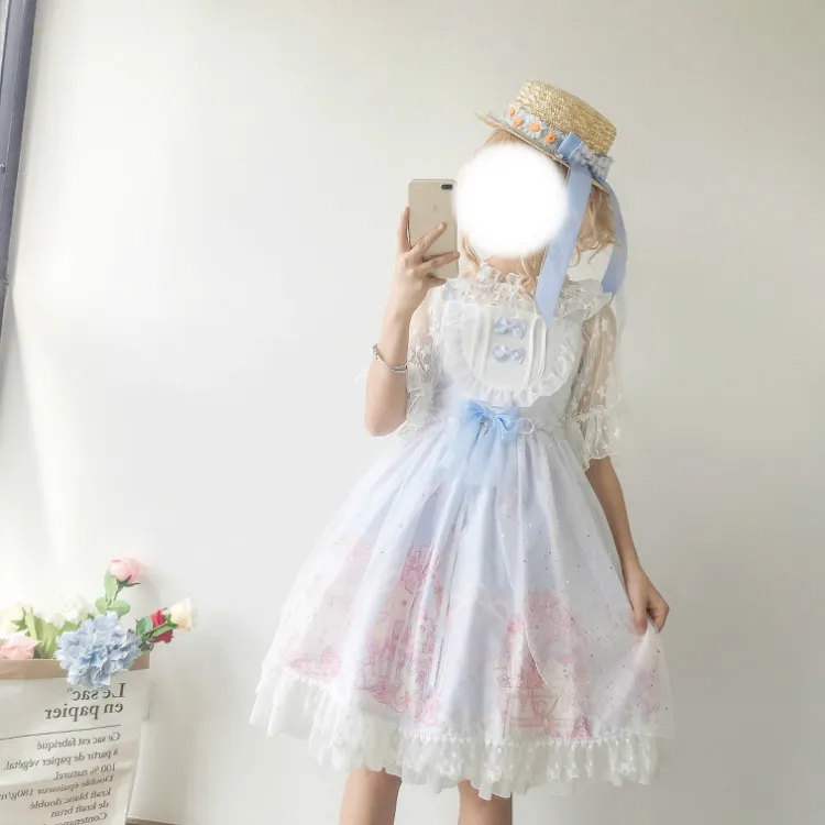 Kawaii японская Лолита АО платье женская летняя обувь мягкой сестра ветер милые с рисунком кошки с бантом в стиле «лолита» с ремешком и милым милое платье