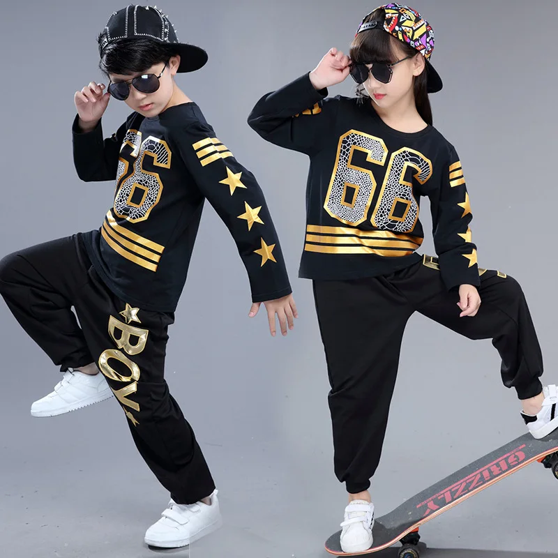 

Cotton Child Hip Hop Dance Costume Boy Jazz Dance Costume T-shirt+pants Girl School Tracksuit Clothing Group Show Sets 89