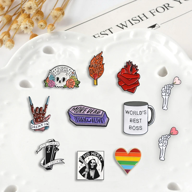 Punk Rock pins grim Reaper Skeleton Heart Love it till die Brooches Badges Bag Enamel pins Gifts For Friends Jewelry wholesale images - 6