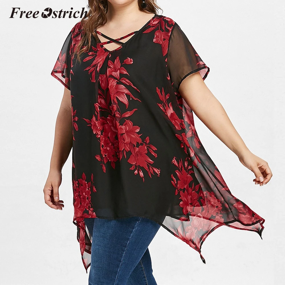 Женские топы Free Ostrich 5xl 2019 летняя двойная шифоновая блузка с перекрещивающимися