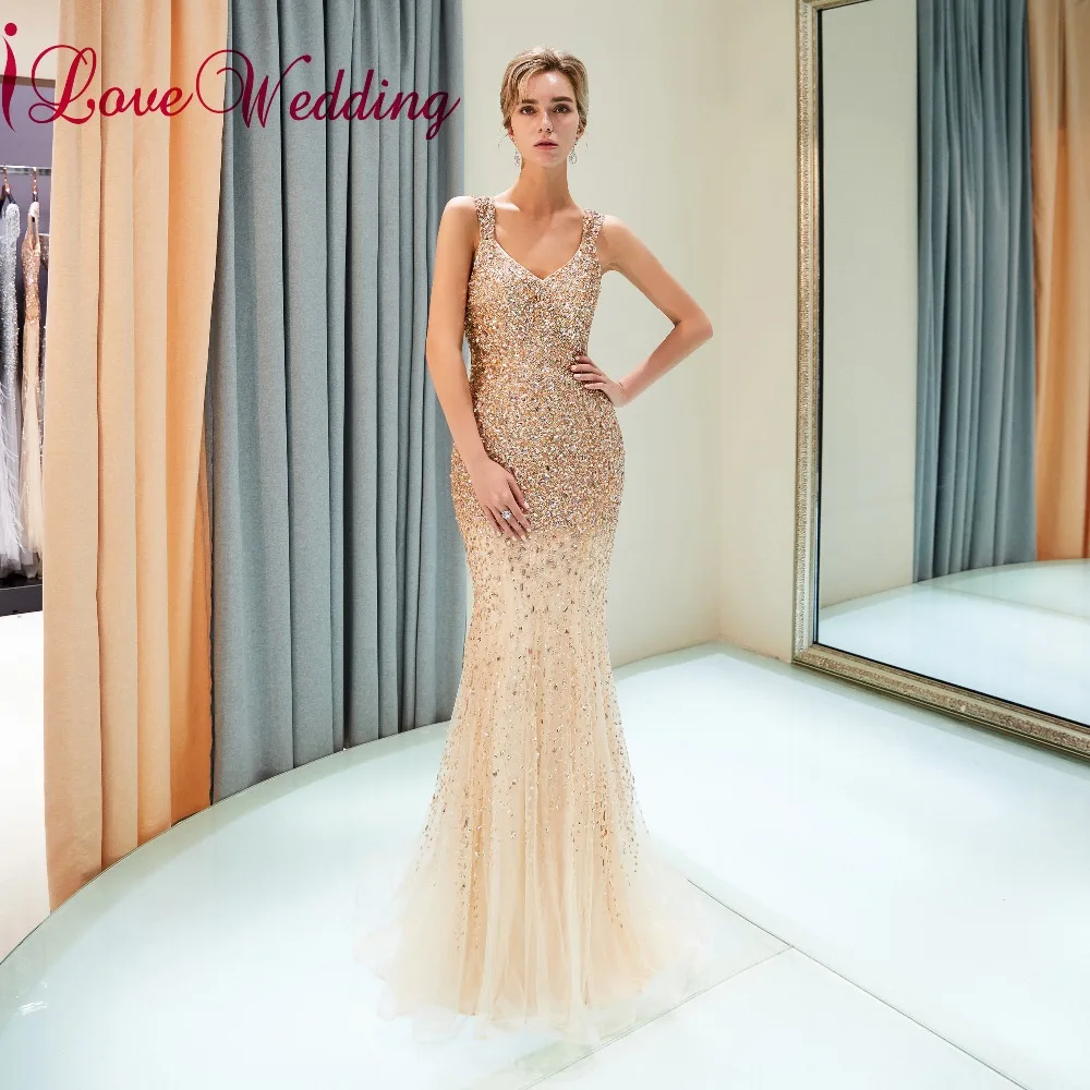 Robe de soiree сексуальное v-образным вырезом кристальная бисерная задняя часть темно-синие вечерние платья русалки для специального вечернее платье вечерние платья