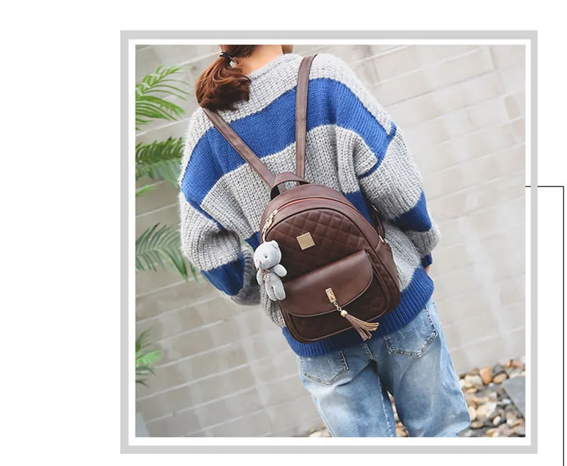 Women Small Vintage Backpack Women's Bag Set Waterproof Retro Bear Pendant Bags Set Of 3 Female Luxury Cute Leather Backpacks