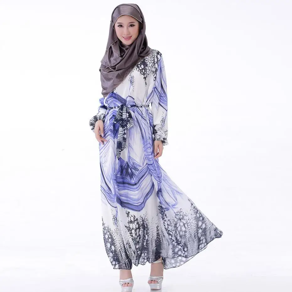Печатные Макси Dress Шифон Плюс Размер Женщины Мусульманская Одежда Мода