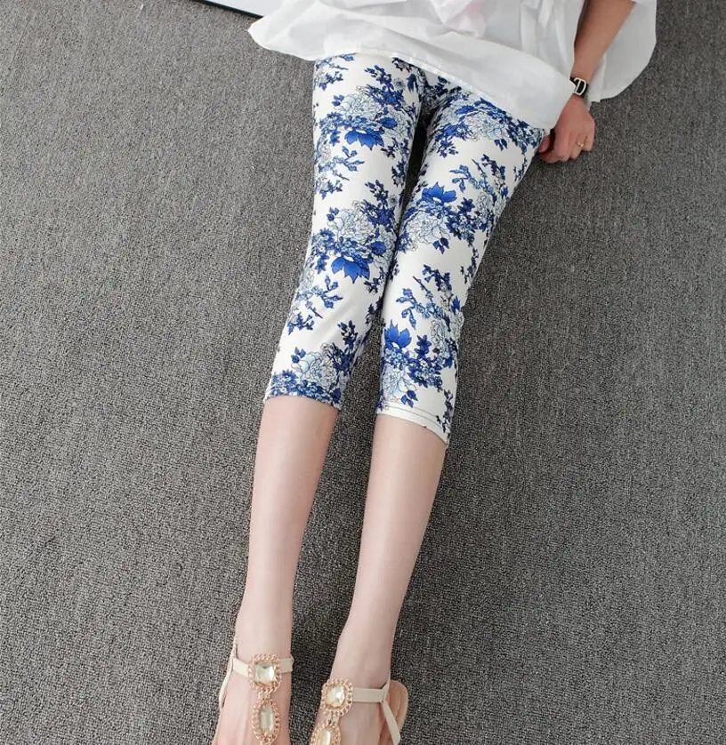 Peony blue white 7 YRRETY, женские укороченные штаны с принтом, женские Капри, высокая талия, сексуальные леггинсы, женские штаны, Мягкие штаны, женские летние леггинсы - Цвет: Peony blue white 7