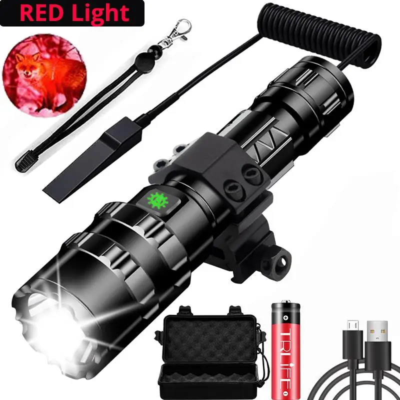Red Light Зеленый/красный/белый светодиодный тактический фонарь с 5 режимами и зарядка через usb фонарь для охоты+ пистолет крепление+ 18650 Батарея+ пульт дистанционного управления+ коробка - Испускаемый цвет: Red Light